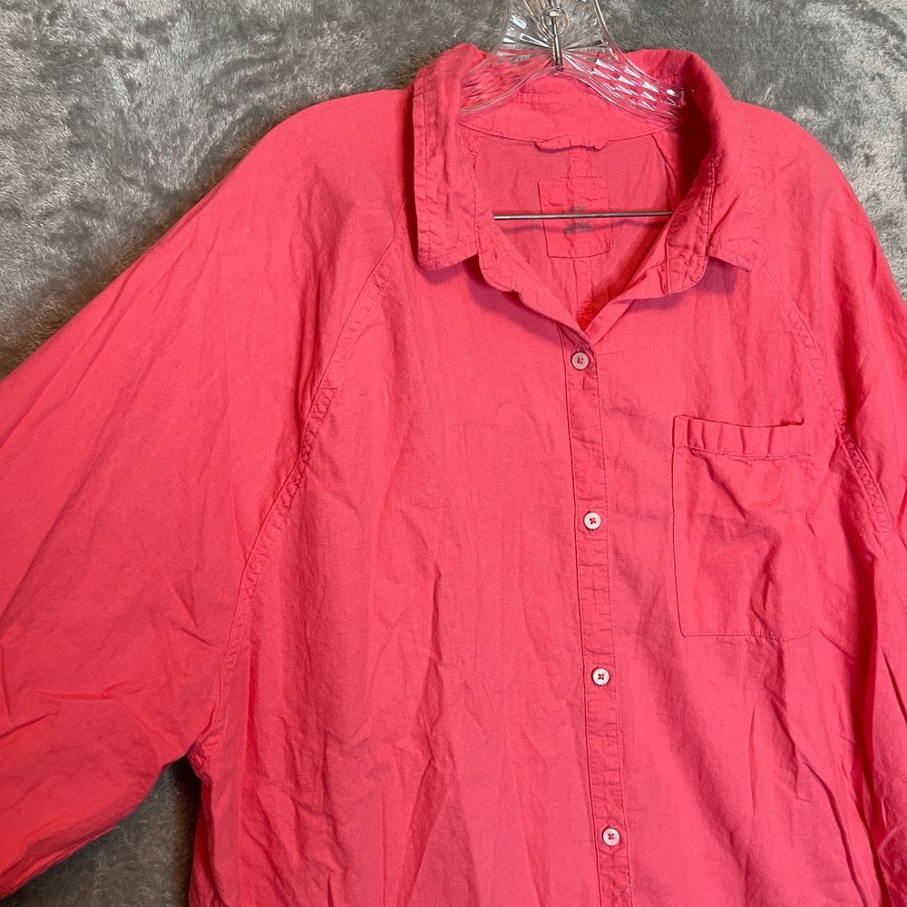 Aerie Women Linen Blend Button Shirt L Bright Coral Preppy Coastal Oversized